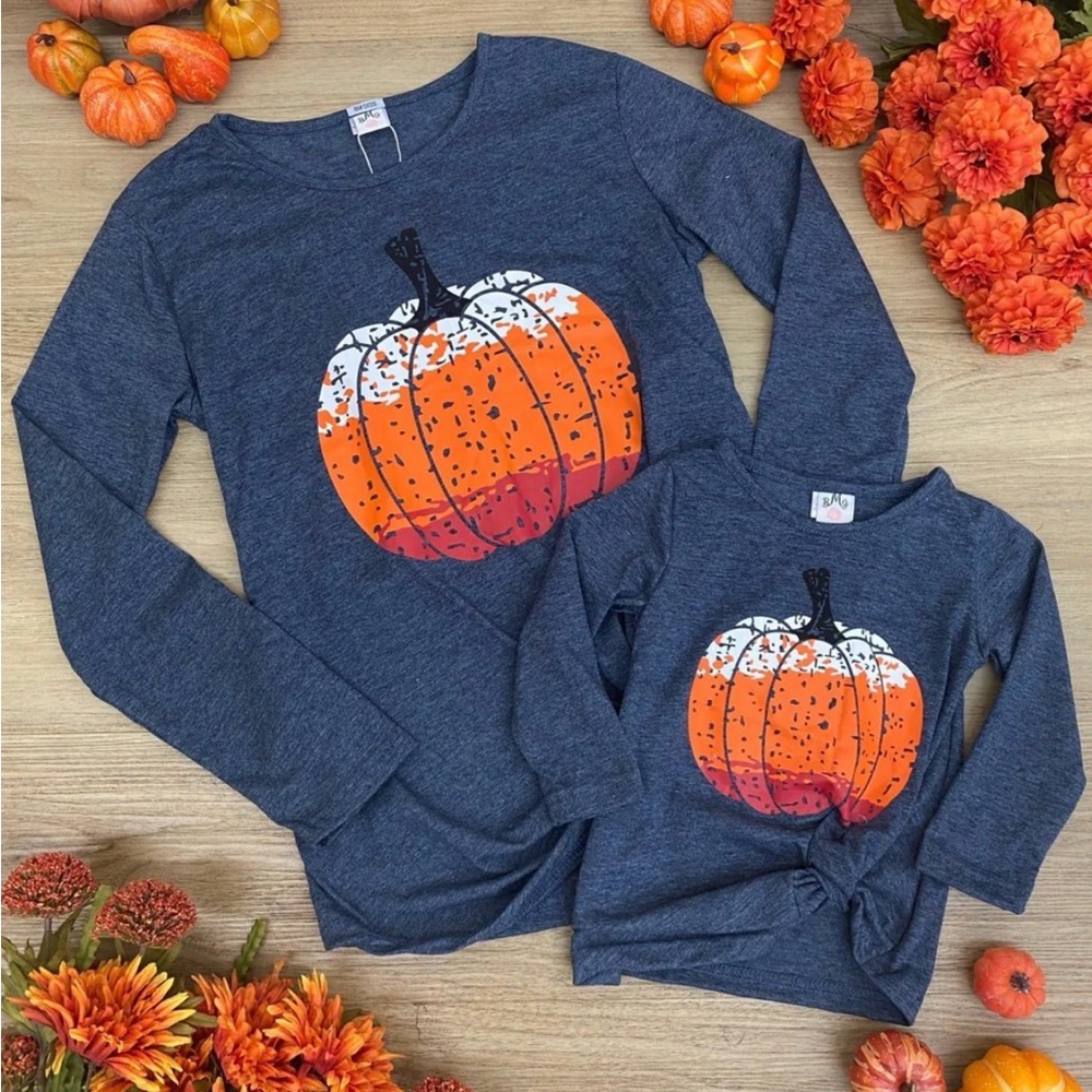 Mommy and me matching fall pumpkin tops by Mia Belle Girls